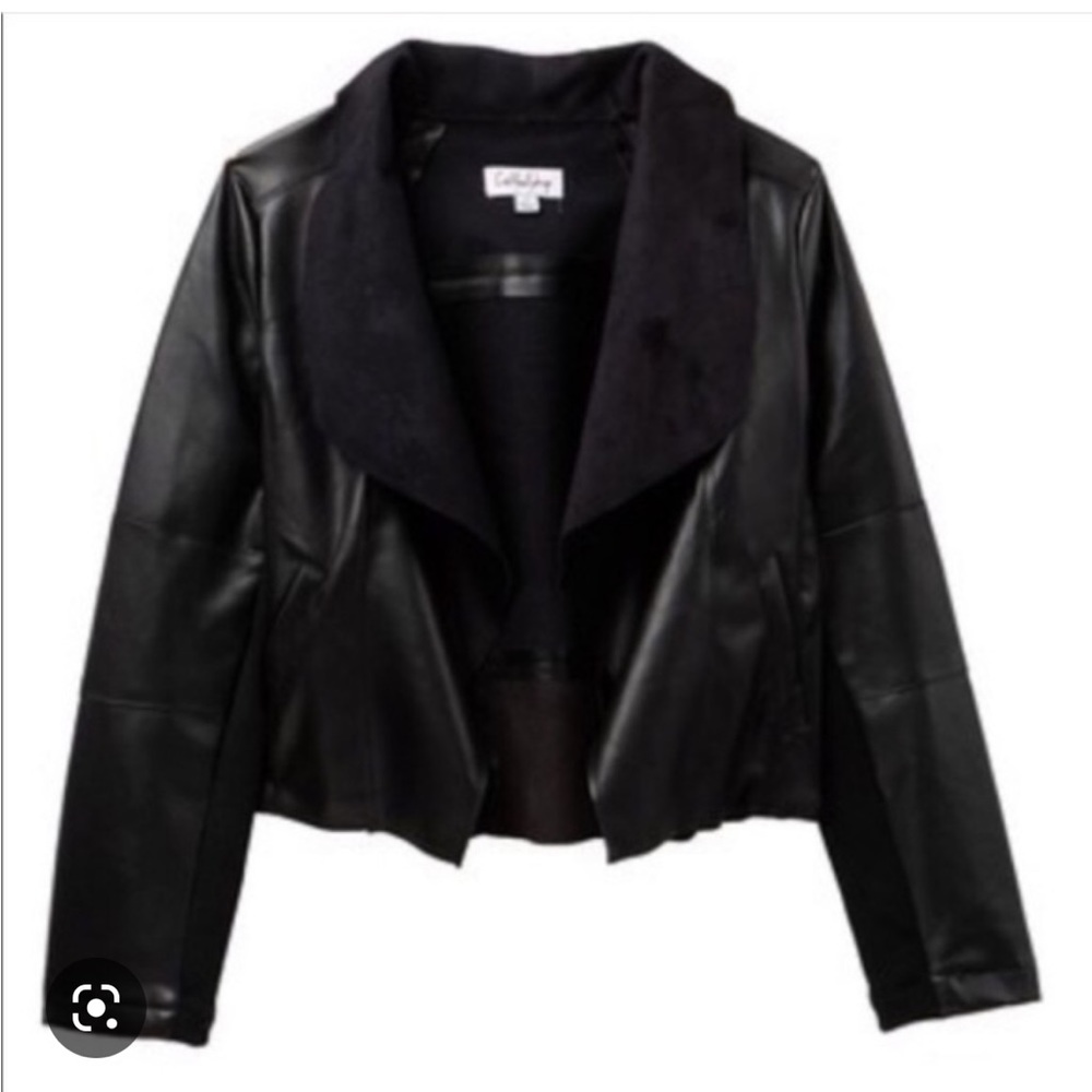 CoffeeShop Faux Leather Drape Front Jacket in Black